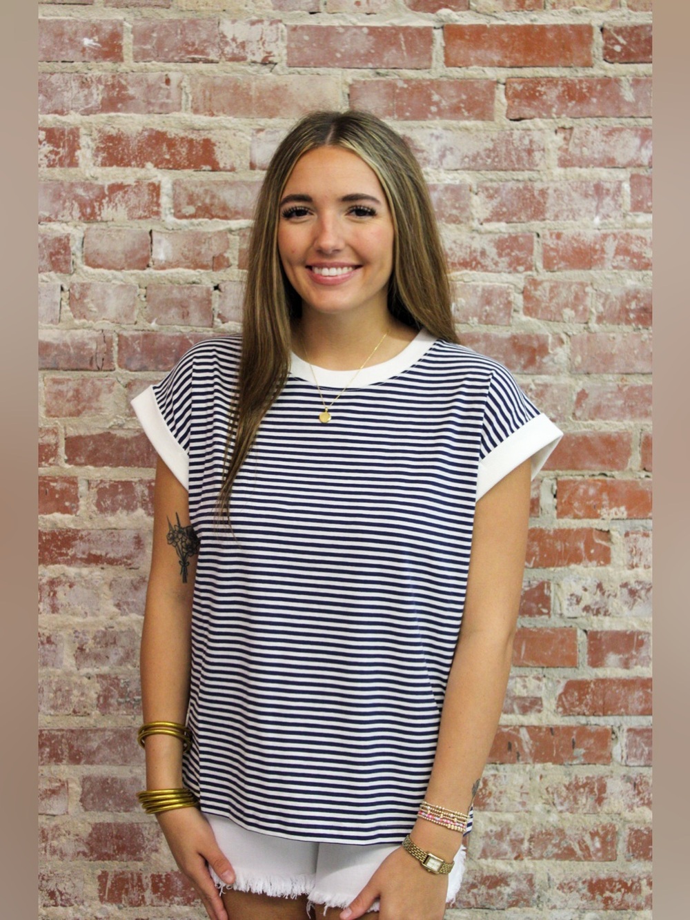 Zenana Navy Stripe Contrast Trim Rib Banded Top Stripe Contrast Trim Rib Top